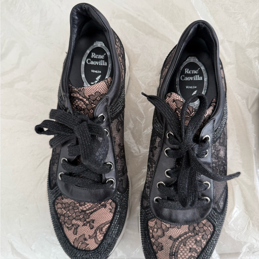 Rene Caovilla Black Sneakers with Lace-Up Design